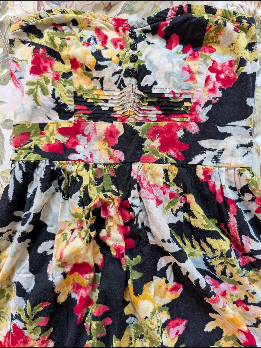 BeBop Strapless Floral Mini Dress in Black, Red, Yellow & Green